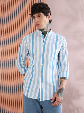 BLUE STRIPED COTTON LINEN SHIRT