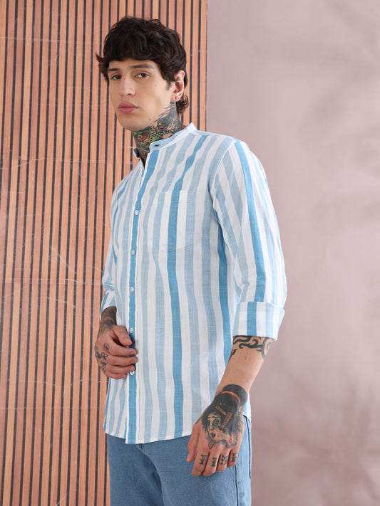 BLUE STRIPED COTTON LINEN SHIRT