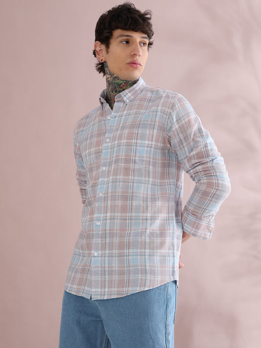 RED COTTON LINEN CHECKED SHIRT