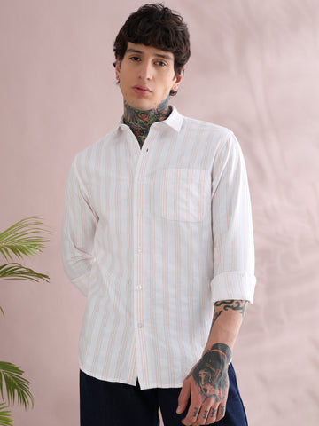 IMPORTED COTTON LINEN ORANGE STRIPED SHIRT