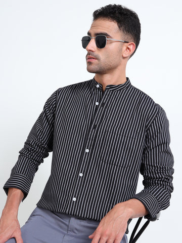 MANDARIN COLLAR YARN DYED OXFORD BLACK STRIPED SHIRT