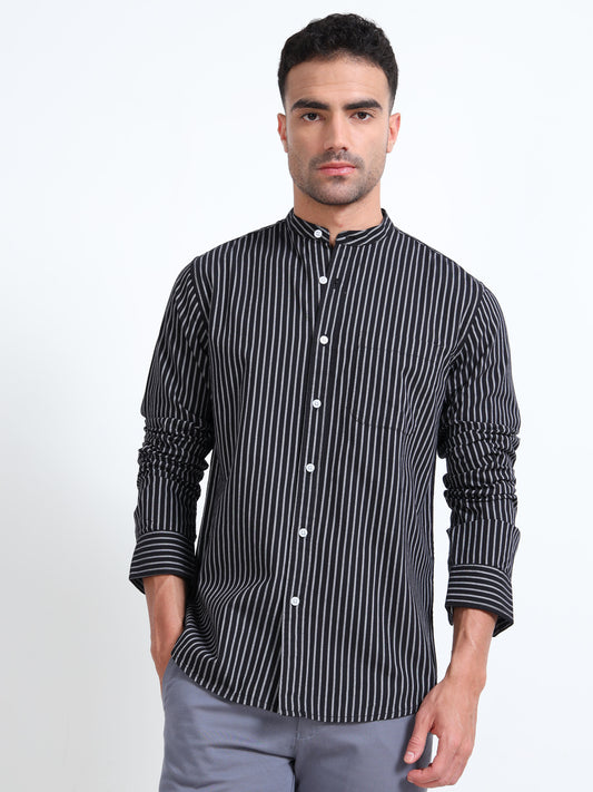 MANDARIN COLLAR YARN DYED OXFORD BLACK STRIPED SHIRT