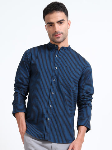 MANDARIN COLLAR YARN DYED OXFORD BLUE STRIPED SHIRT
