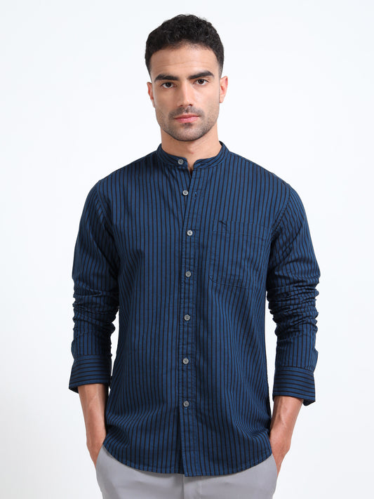 MANDARIN COLLAR YARN DYED OXFORD BLUE STRIPED SHIRT