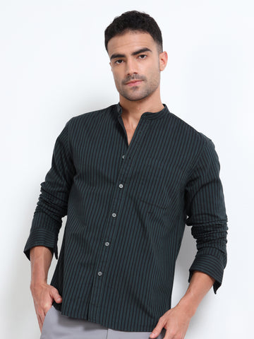 MANDARIN COLLAR YARN DYED OXFORD GREEN STRIPED SHIRT