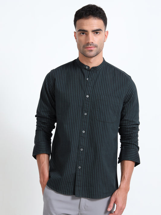 MANDARIN COLLAR YARN DYED OXFORD GREEN STRIPED SHIRT