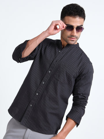 MANDARIN COLLAR YARN DYED OXFORD GRAY STRIPED SHIRT