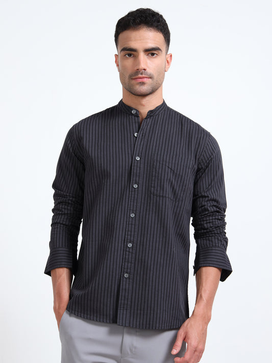 MANDARIN COLLAR YARN DYED OXFORD GRAY STRIPED SHIRT
