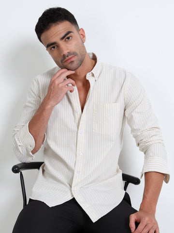 YARN DYED OXFORD BEIGE STRIPED SHIRT