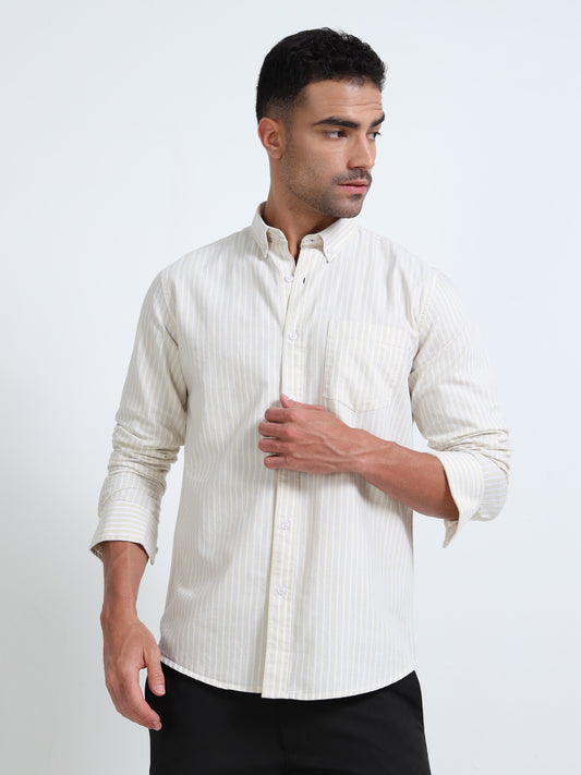 YARN DYED OXFORD BEIGE STRIPED SHIRT