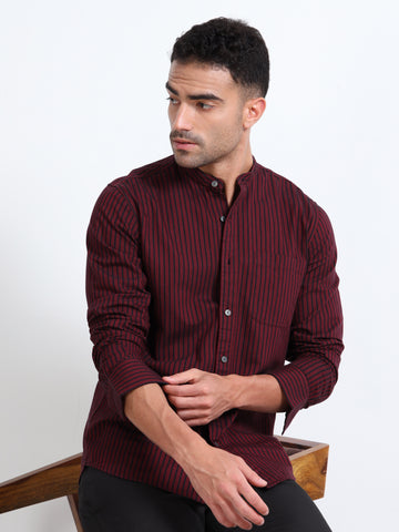 MANDARIN COLLAR YARN DYED OXFORD MAROON STRIPED SHIRT