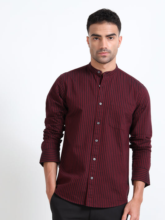 MANDARIN COLLAR YARN DYED OXFORD MAROON STRIPED SHIRT