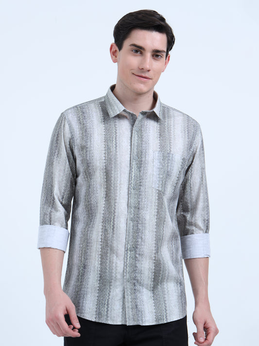 Cotton Linen Printed Olive Shirt