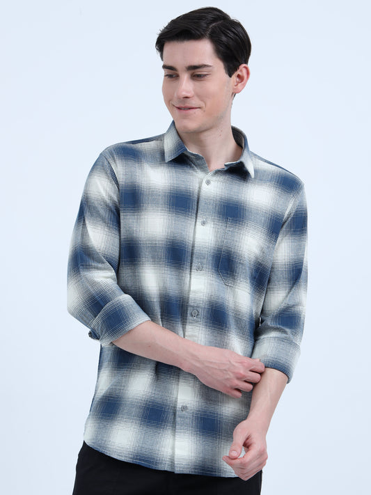 MOC LINO CHECKERED SINGLE POCKET BLUE SHIRT