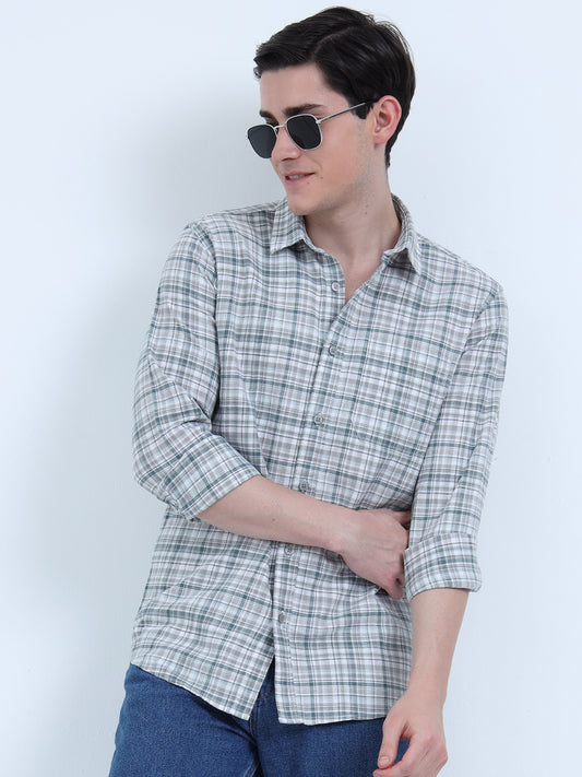 COTTON LINEN CHECKERED GREEN SHIRT