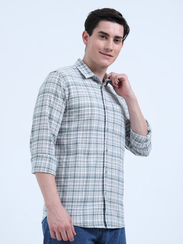 COTTON LINEN CHECKERED GREEN SHIRT