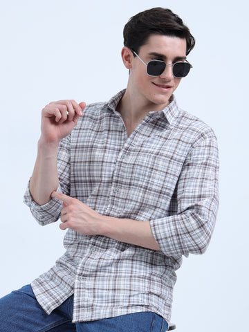 COTTON LINEN CHECKERED BROWN SHIRT