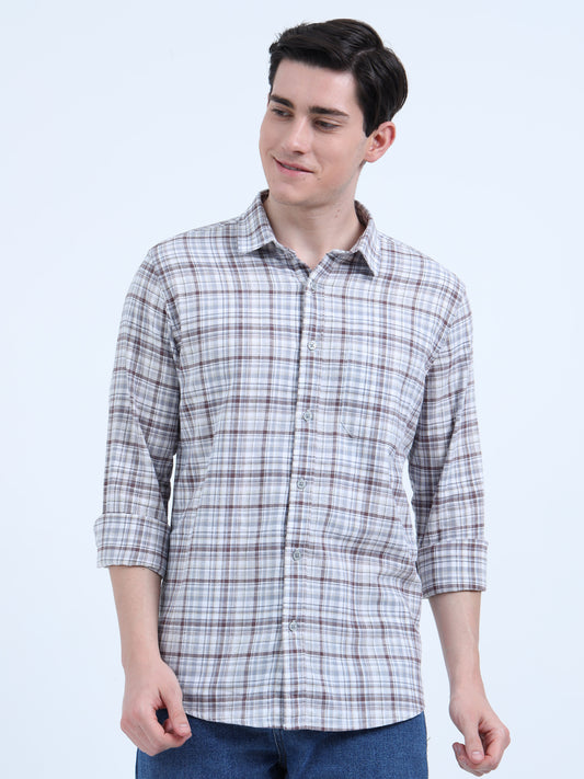 COTTON LINEN CHECKERED BROWN SHIRT
