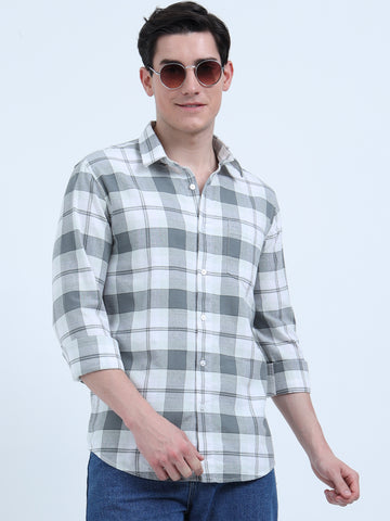 COTTON LINEN CHECKERED GREEN SHIRT