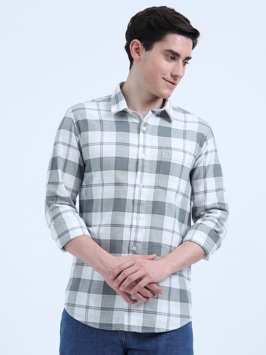 COTTON LINEN CHECKERED GREEN SHIRT