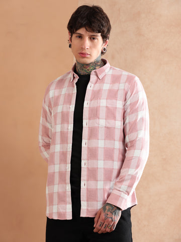 HEAVY COUNT DOBBY CHECKED PEACH SHIRT