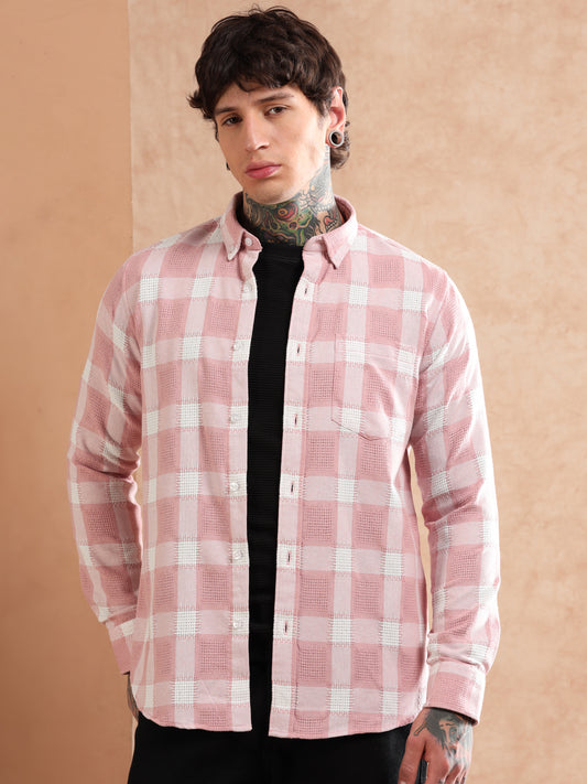 HEAVY COUNT DOBBY CHECKED PEACH SHIRT