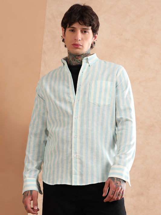 BLUE STRIPED COTTON LINEN SHIRT