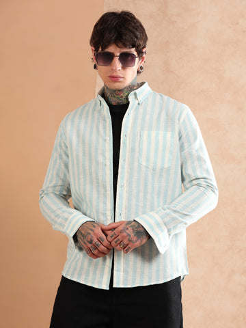 BLUE STRIPED COTTON LINEN SHIRT