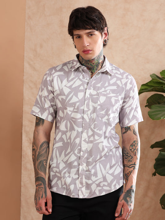 LAVENDER COTTON LINEN DIGITAL PRINTED SHIRT