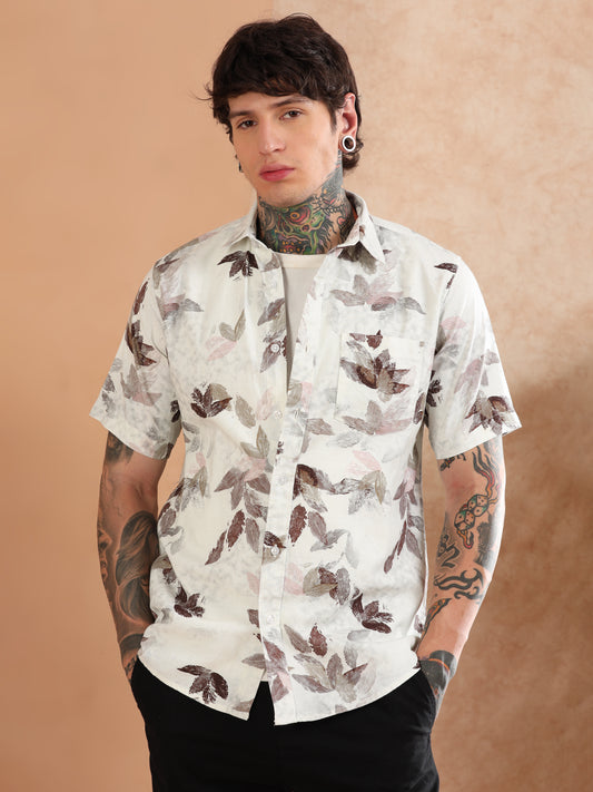 BROWN COTTON LINEN DIGITAL PRINTED SHIRT