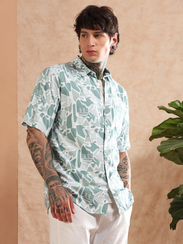 PREMIUM RAYON GREEN PRINTED SHIRT