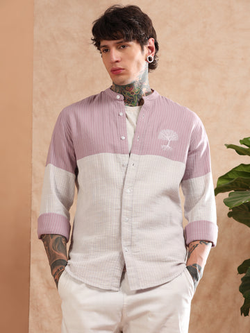 MANDARIN DOUBLE CLOTH STRIPED PEACH SHIRT