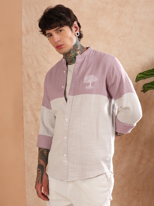 MANDARIN DOUBLE CLOTH STRIPED PEACH SHIRT