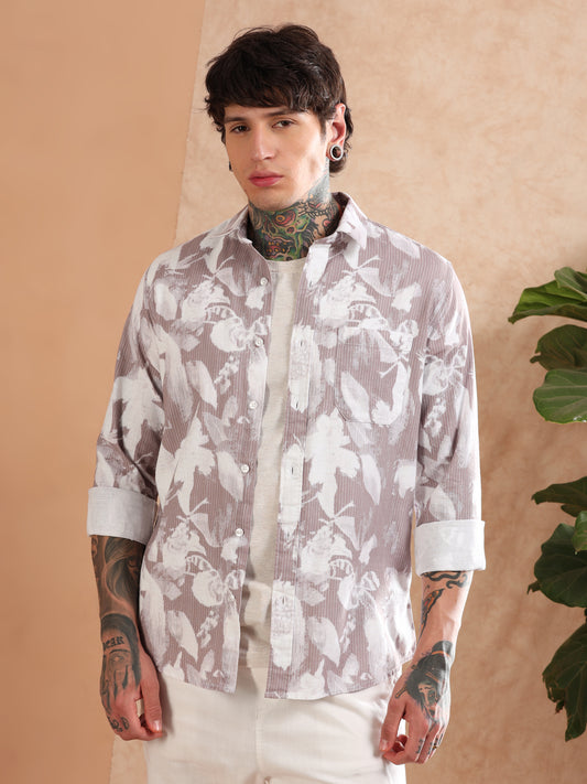 IMPORTED DOBBY PRINTED BROWN SHIRT