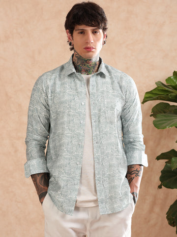 GREEN COTTON LINEN PRINTED SHIRT