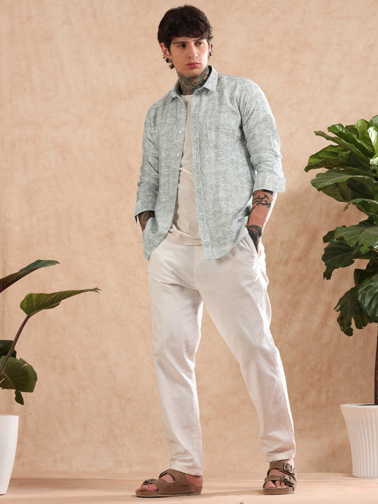 GREEN COTTON LINEN PRINTED SHIRT