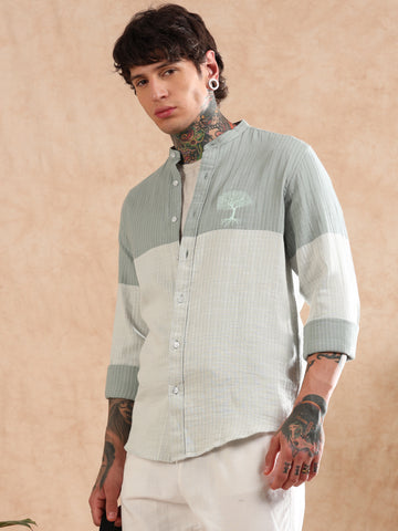 MANDARIN DOUBLE CLOTH STRIPED GREEN SHIRT