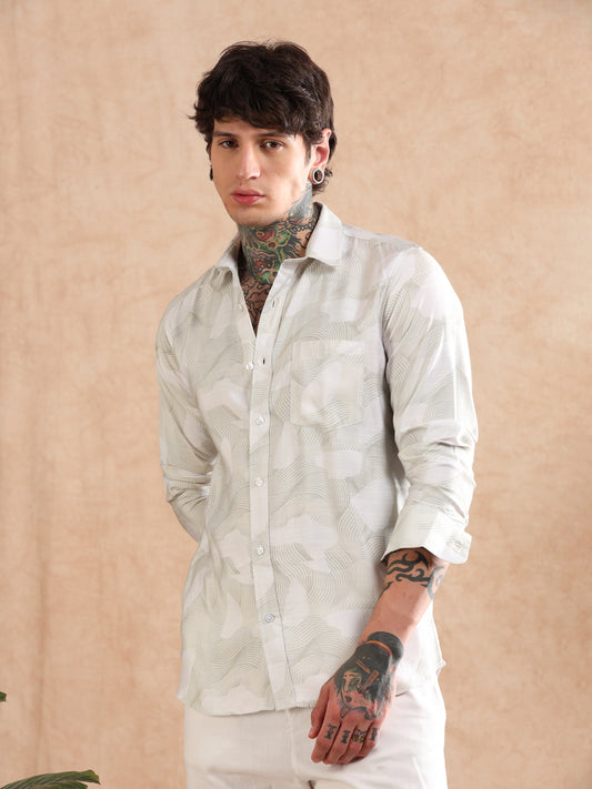 BEIGE COTTON LINEN PRINTED SHIRT