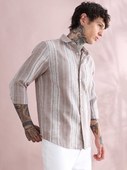 DOBBY STRIPED BROWN SHIRT