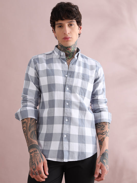 DOBBY BOX CHECKED GREY SHIRT