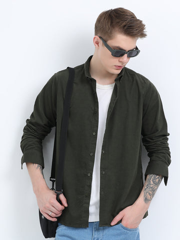 CORDUROY FULL SLEEVE PLAIN GREEN SHIRT