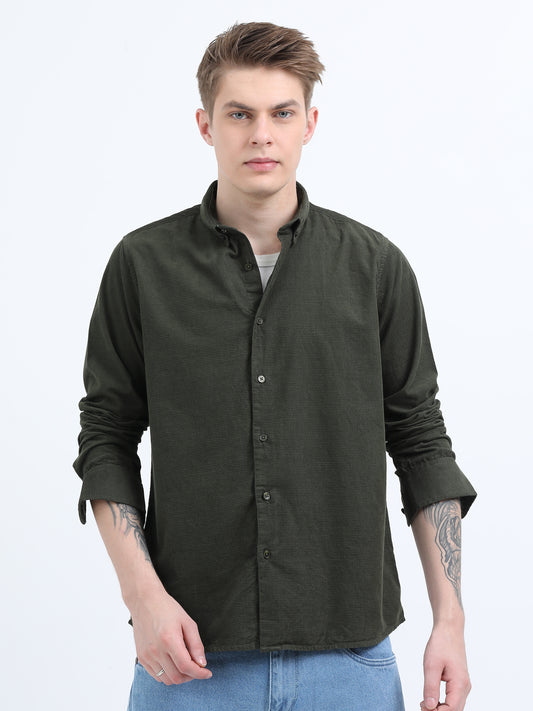 CORDUROY FULL SLEEVE PLAIN GREEN SHIRT