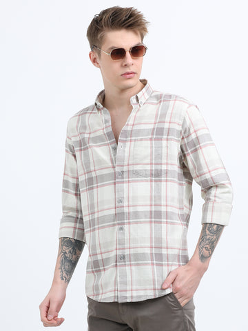 COTTON LINEN CHECKERED BROWN SHIRT