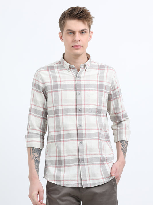 COTTON LINEN CHECKERED BROWN SHIRT
