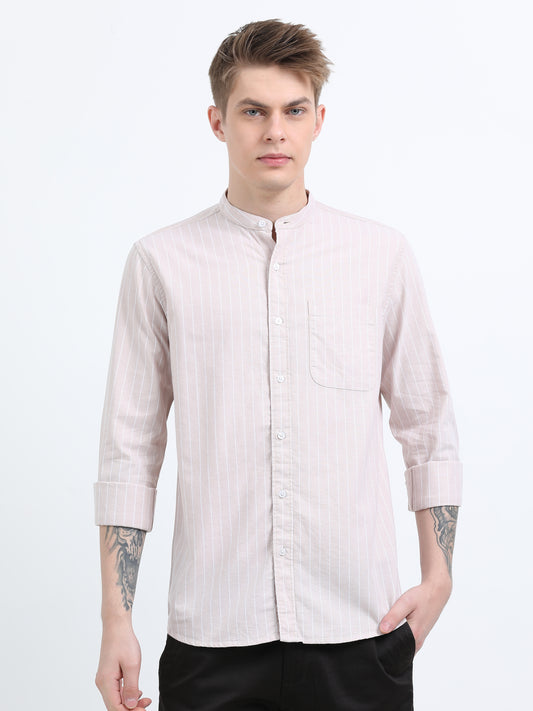 MANDARIN COLLAR  OXFORD BEIGE STRIPED SHIRT
