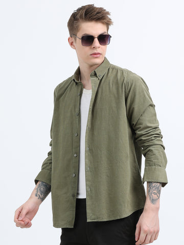 CORDUROY FULL SLEEVE PLAIN OLIVE SHIRT