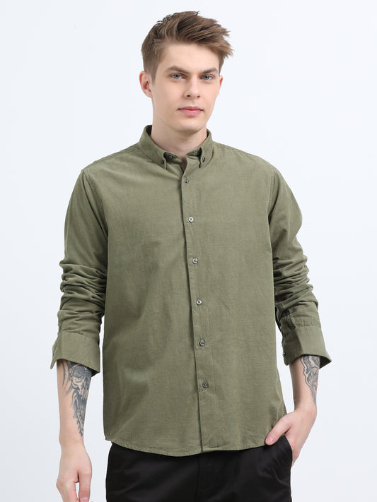 CORDUROY FULL SLEEVE PLAIN OLIVE SHIRT