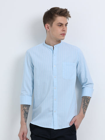MANDARIN COLLAR  OXFORD LIGHT BLUE STRIPED SHIRT