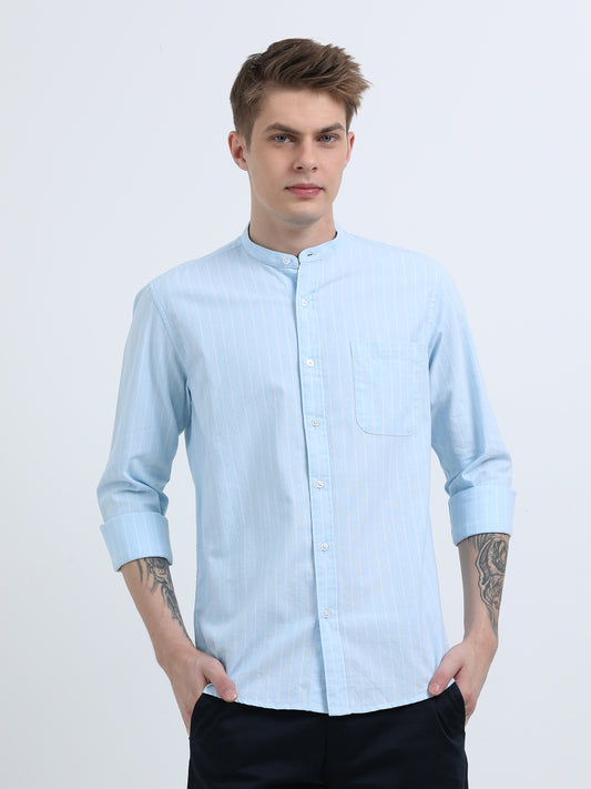 MANDARIN COLLAR  OXFORD LIGHT BLUE STRIPED SHIRT