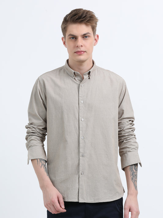 CORDUROY FULL SLEEVE PLAIN BEIGE SHIRT
